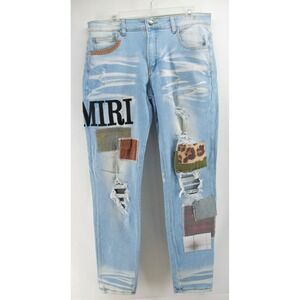 Amiri Jeans Skinny Leg Patchwork Mens 34 X 32 Light Wash‎ Stretch Distressed